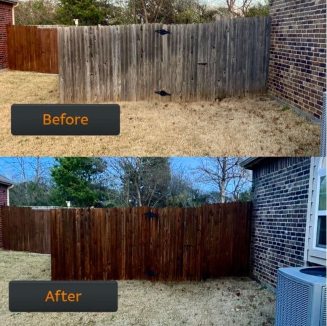 Before and after fence restoration, showcasing improved color and condition in yard.