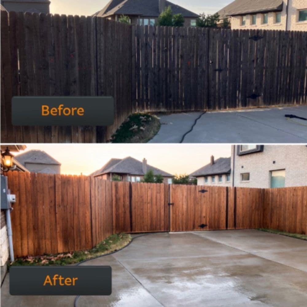 Before and after fence staining, showcasing a vibrant, clean wooden fence transformation.