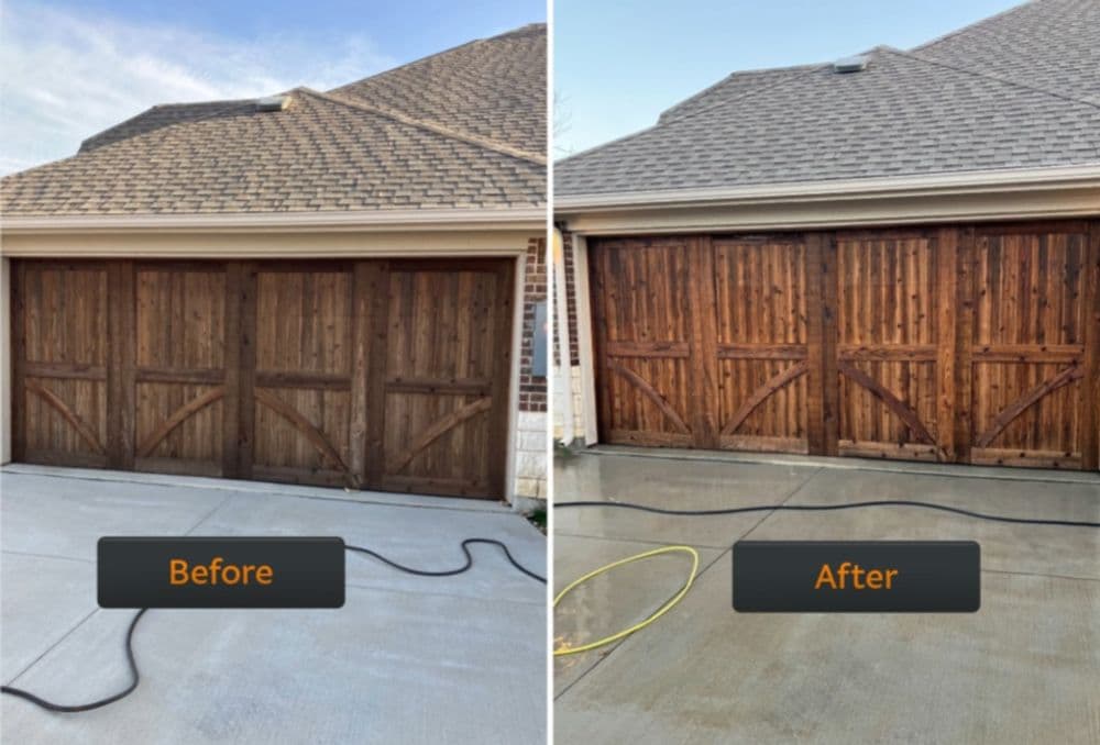Before and after transformation of a wooden garage door with improved stain finish.