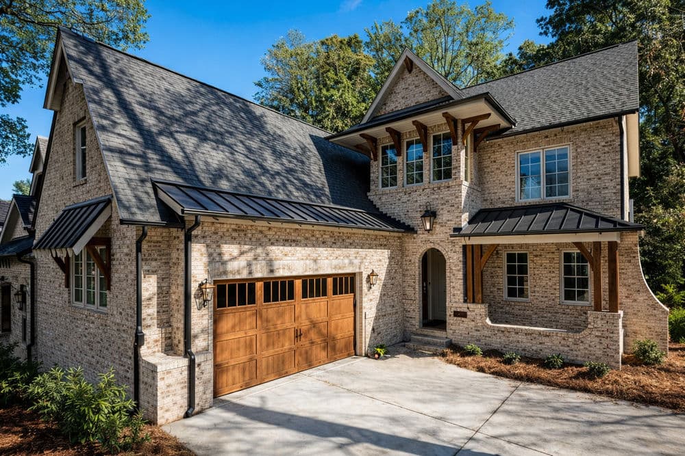 Charming two-story brick house with a metal roof and a wooden garage door in a serene setting.
