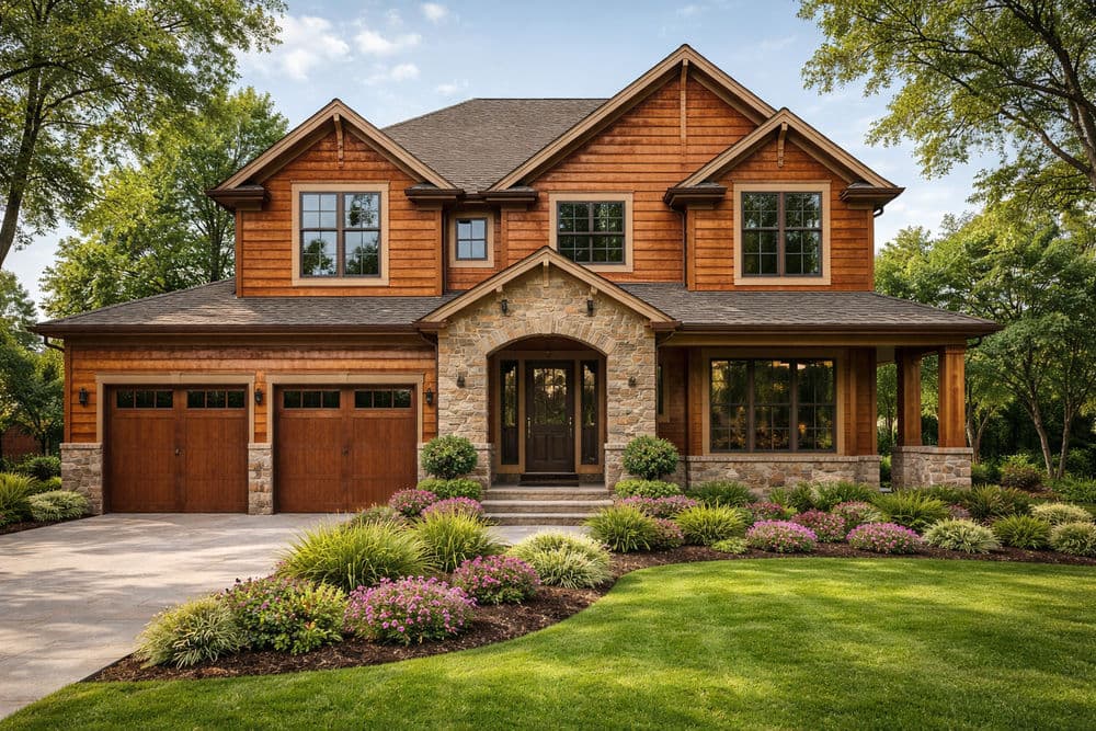 Modern craftsman-style home with stone and wood exterior, landscaped yard, and double garage.