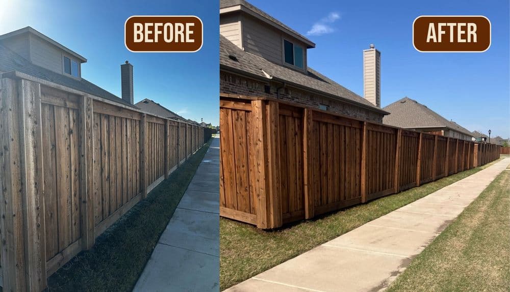 Side-by-side comparison of a restained  wood fence.