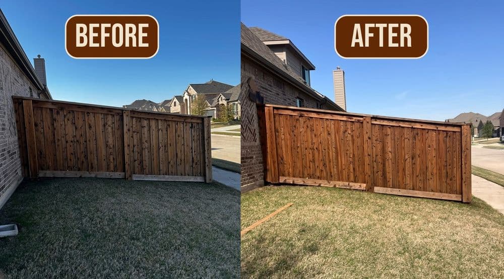 Before and after fence fence restoration photo.