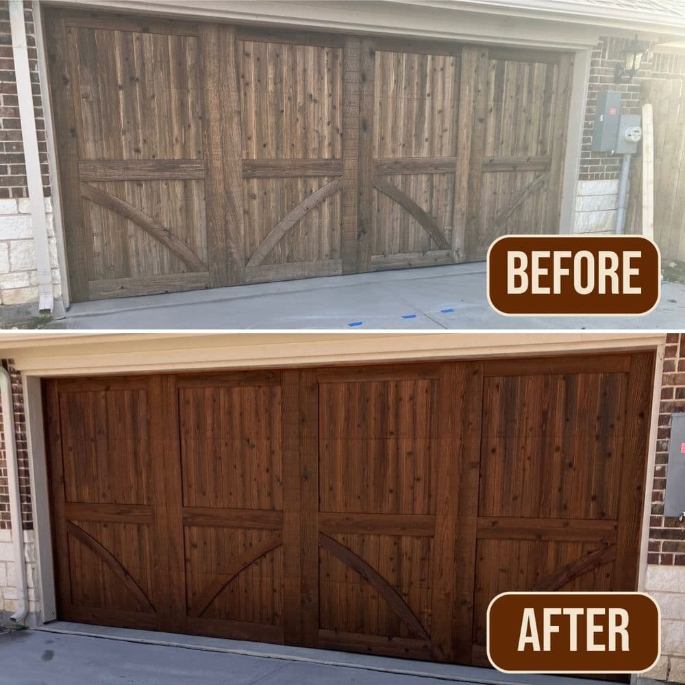 Before and after image of a wooden garage door renovation showcasing a fresh, dark stain.