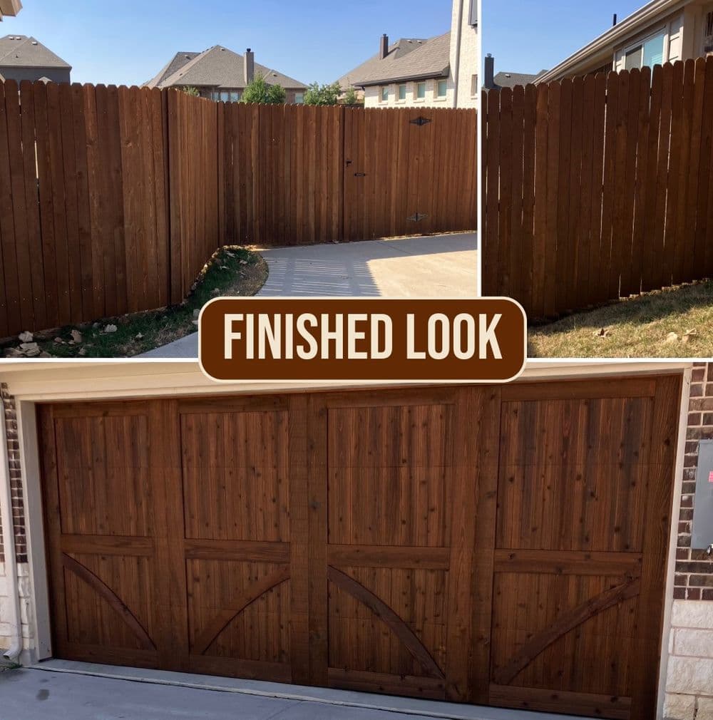 Finished wood garage door with a wooden fence backdrop, showcasing a polished exterior.